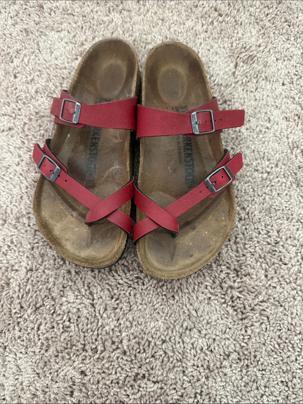 Birkenstock Burgundy Triple-Strap Sandals with Buckles